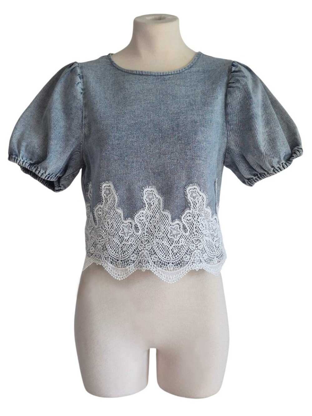 Strut & Bolt Acid-Wash denim Crop Top with Lace Trim and Puff Short Sleeves S